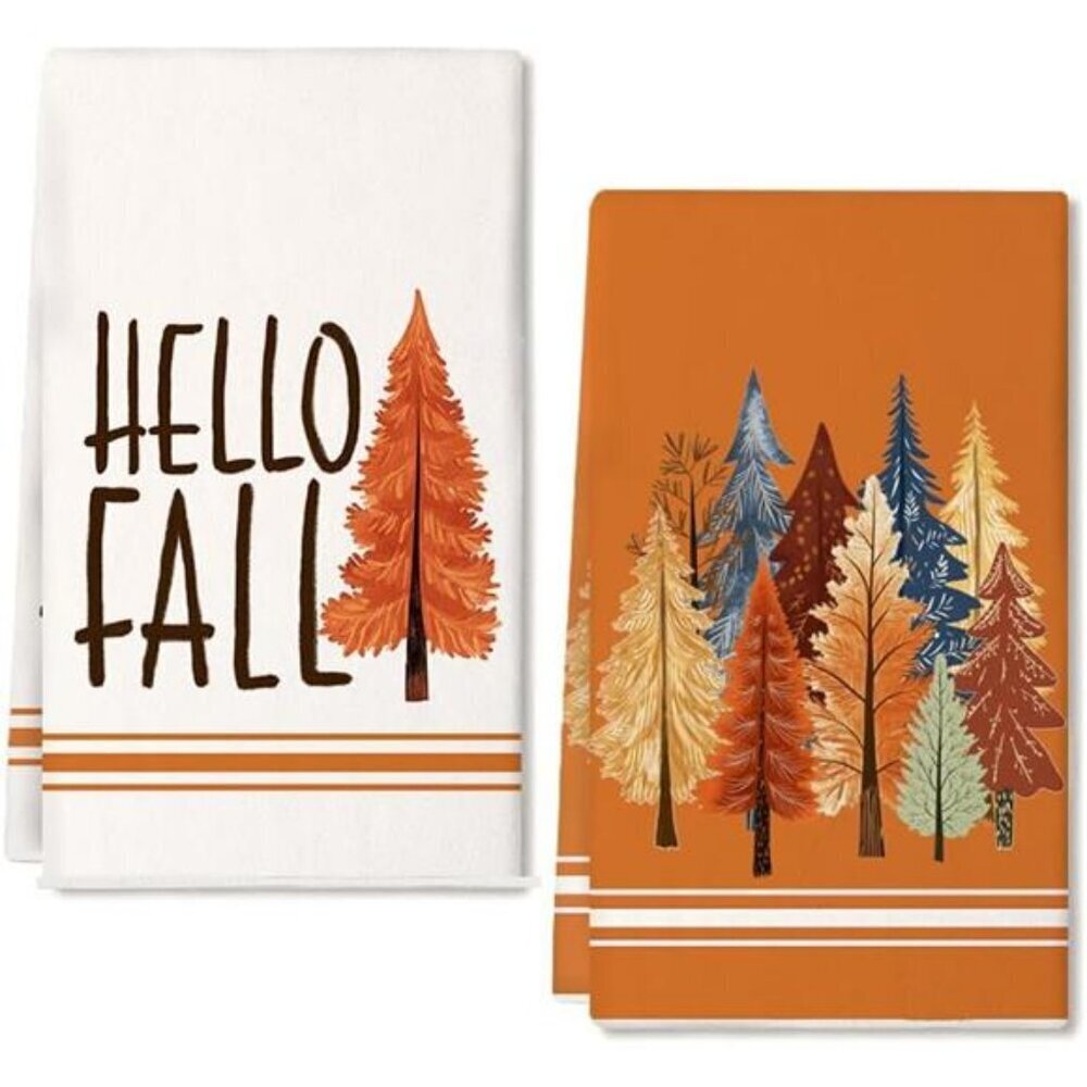 Hello Fall Kitchen Towels Set of 2,Orange Tree Autumn Dish Towels 18x26 Inch